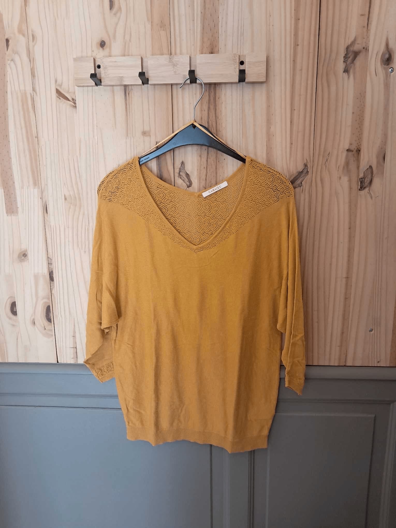 Haut Ocre Camaïeu Polyester Col V Brodé Femme L | Friperie Vintage Seconde Main COOL FRIP