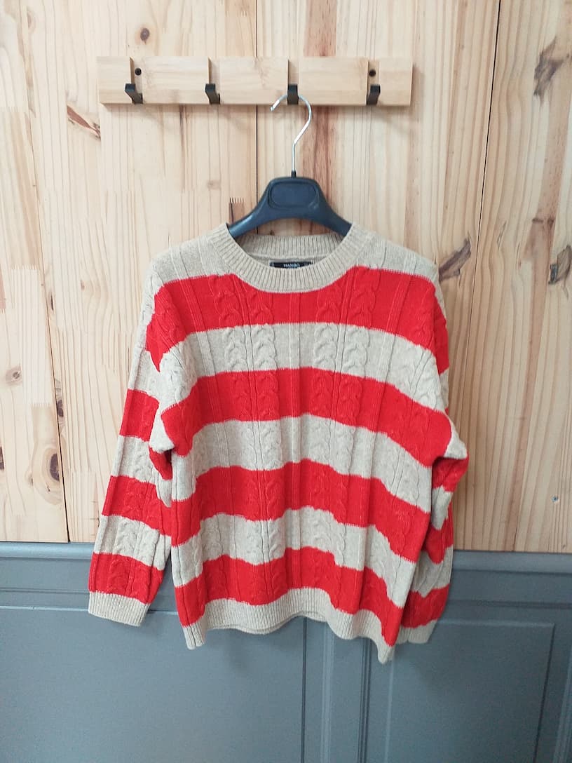 Pull Mango Beige Rayé Rouge Femme Taille M - Vintage Streetwear