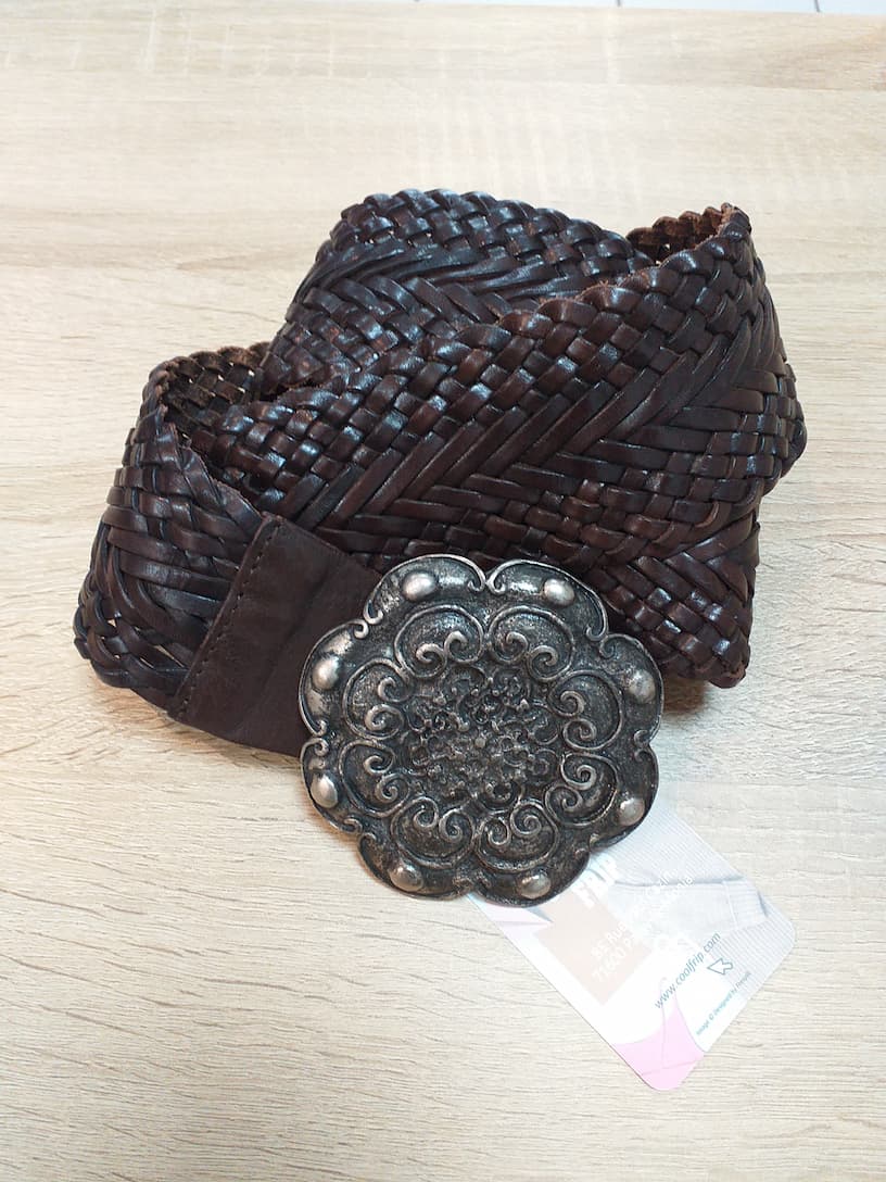 Ceinture Cuir Tressé Marron Vintage 85cm - Accessoire Artisanal Femme