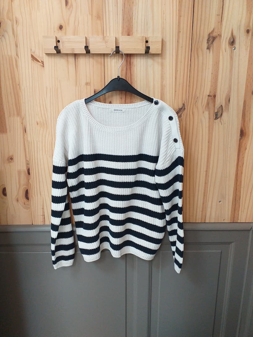 Pull Bleu Blanc Cache Cache L - Tricot Vintage Bicolore - Basique Français Intemporel