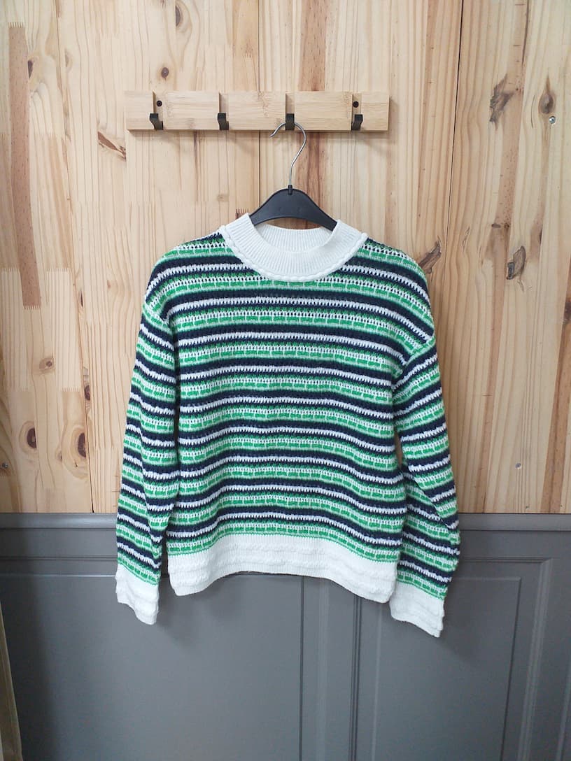 Pull Rayé Bleu Vert Acrylique Polyester Femme M | Friperie Vintage Seconde Cool Frip