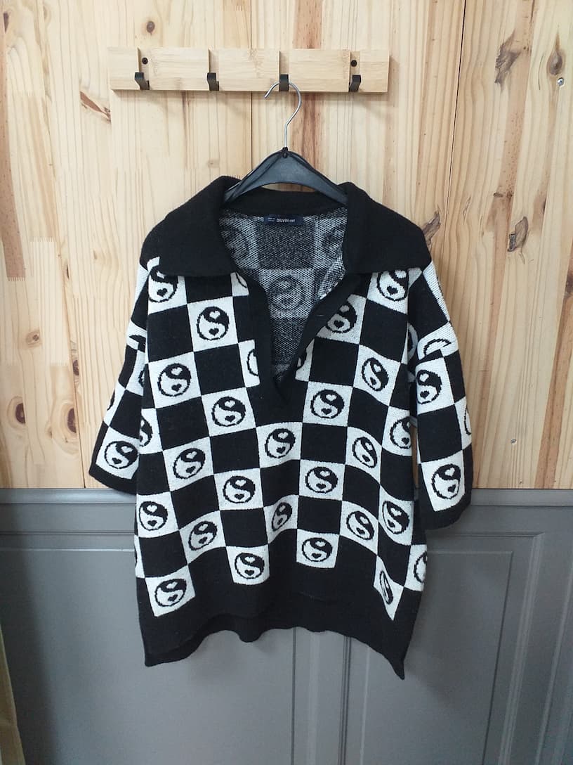 Pull Noir Blanc Acrylique Polyester Femme L | Friperie Vintage Seconde Cool Frip